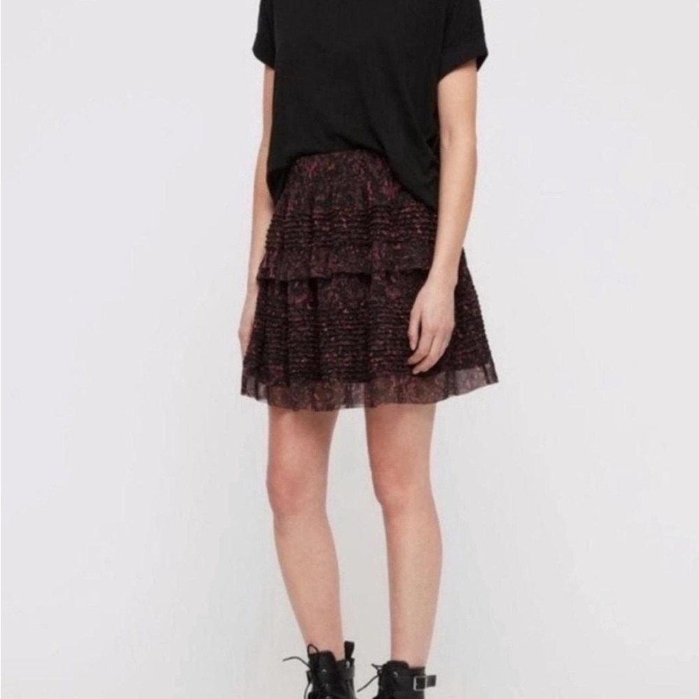 All Saints Black and Red Women's Ruffle Mini Skirt with Elastic Waistband